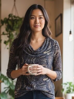 Sag Harbor Navy Paisley Cowl-Neck Top with Cream Accents In EUC